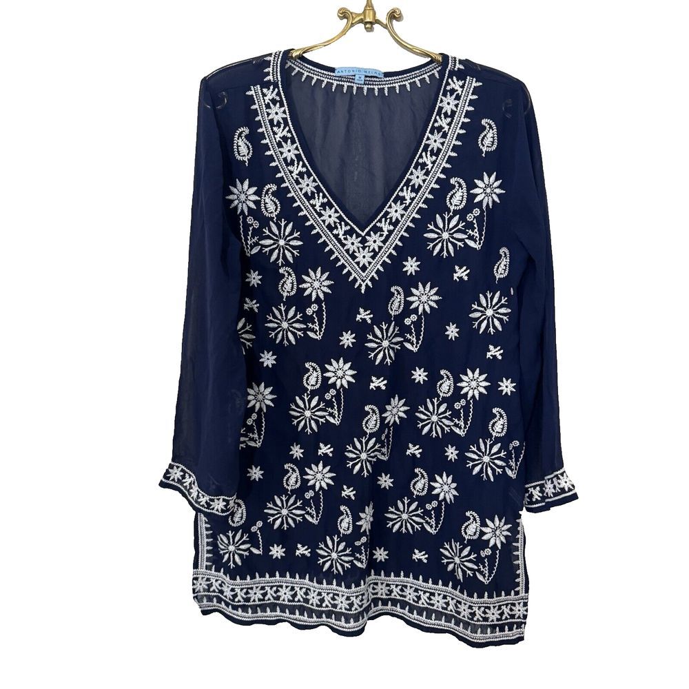 Antonio Melani Navy and White Embroidered Sheer Tunic Top Swim Coverup Resort‎ M